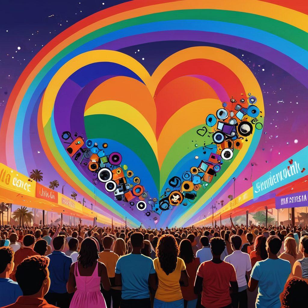 A colorful film reel unspooling across a vibrant rainbow spectrum, showcasing iconic LGBTQ+ film scenes framed in heart shapes. In the background, a lively crowd of diverse individuals celebrating pride, capturing the essence of love and acceptance. Include film awards and a glittering spotlight to signify recognition. The overall mood should be joyful and inclusive. digital art. vibrant colors. whimsical style.
