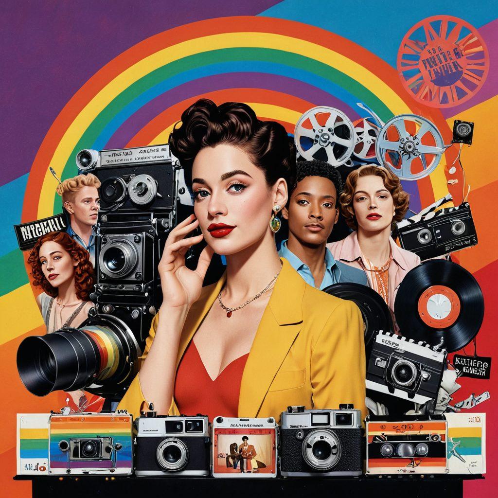 A vibrant collage of iconic scenes from queer cinema, featuring diverse characters in dramatic poses surrounded by film reels and rainbow colors. Include a vintage film camera capturing the essence of storytelling, with a backdrop of a movie theater marquee displaying LGBTQ+ film titles. The atmosphere should convey the richness of queer narratives and the celebration of diversity. surrealistic. vibrant colors. 3D.